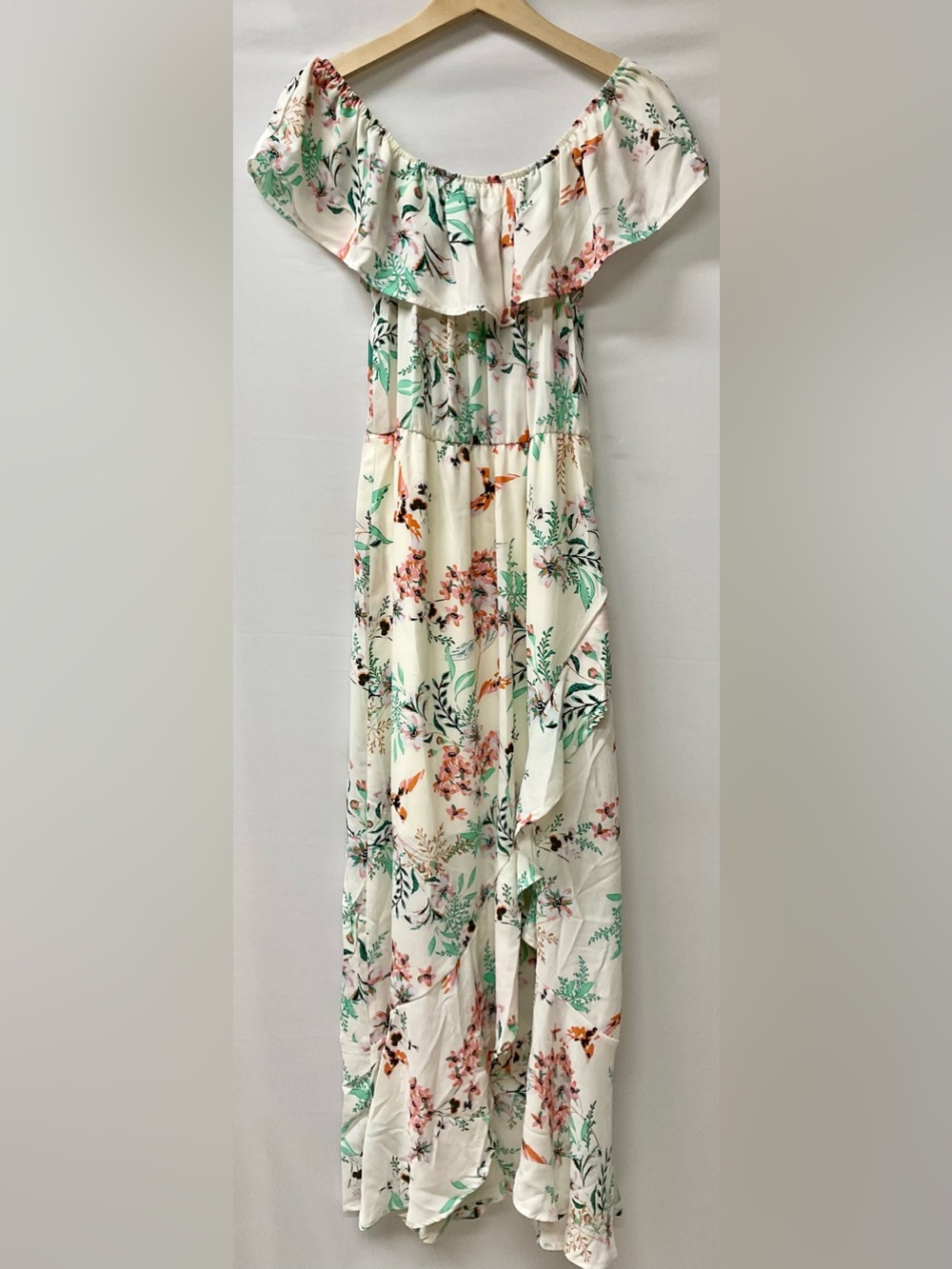 Brand New-Bailey Blue Floral Print Ruffle High-Low Maxi Dress